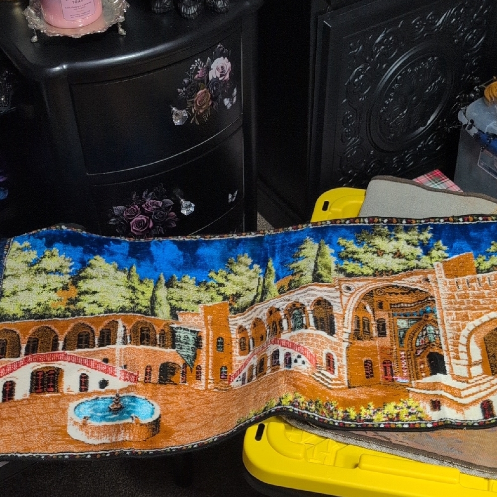 Colorful Tapestry with Scenic Architecture